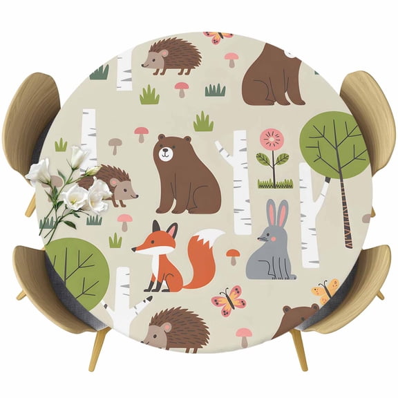 Brown Bears Round Tablecloth, Fitted Table Cover with Elastic for 55"-60" Round Tables, Cartoon Cute Animals Foxes Hedgehogs Forest Table Cloth Outdoor Indoor Dinning Party Waterproof Tablecloths