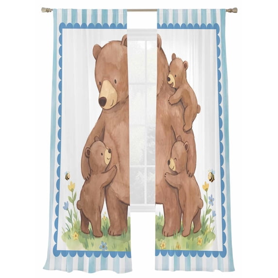 Brown Bears Sheer Curtains 2 Panels Set Yellow Flower Bee Blue Border Striped Animal Sheer Window Curtains Light Filtering Rod Pocket Voile Drapes for Bedroom Living Room 52"X96"