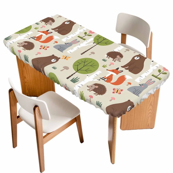 Brown Bears Table Cloths for 5 Foot Rectangle Tables, Cartoon Cute Animals Foxes Hedgehogs Forest Patio Waterproof Elastic Fitted Tablecloths, Washable Rectangular Table Cover for Camping