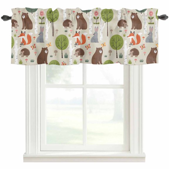 Brown Bears Valances for Windows Farmhouse Kitchen Curtains Valances Rod Pocket Valance Curtains for Windows Cartoon Cute Animals Foxes Hedgehogs Forest Window Valances for Bathroom Bedroom 42"x12"