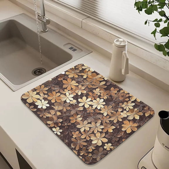 Brown Beauty Flowers Dish Drying Mat for Kitchen Counter Absorbent Drainer Mats (15.7X11.8Inch)