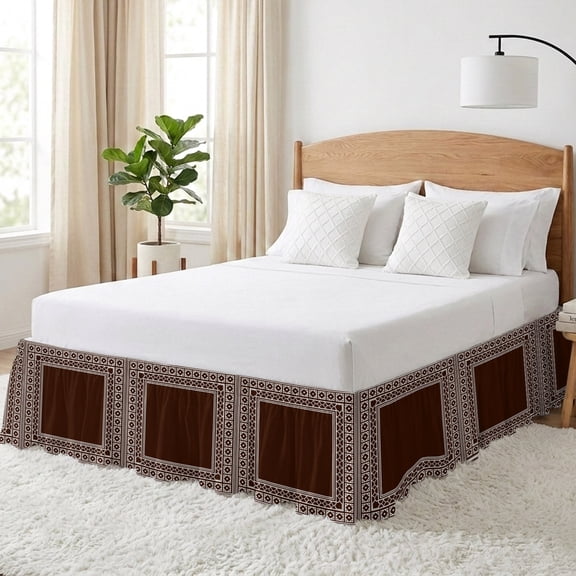 Brown Bed Skirt Queen Size 16 Inch Drop, Boho Diamond Pattern Border Rustic Southwestern Adjustable Elastic Dust Ruffles Bedskirt for Queen Bed Wrap Around Pleated Mattress Frame Cover