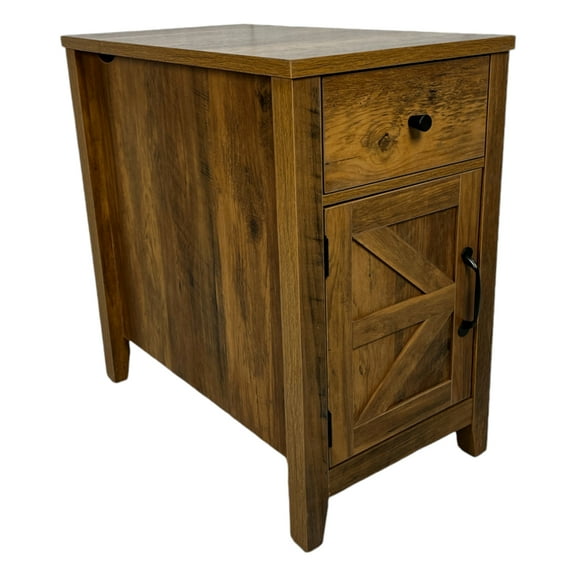 Brown Bedside Table With Charging Availability, Drawer And Barn Door Cabinet, Antique For Bedroom Style Night Stand, Interface, Cabinet