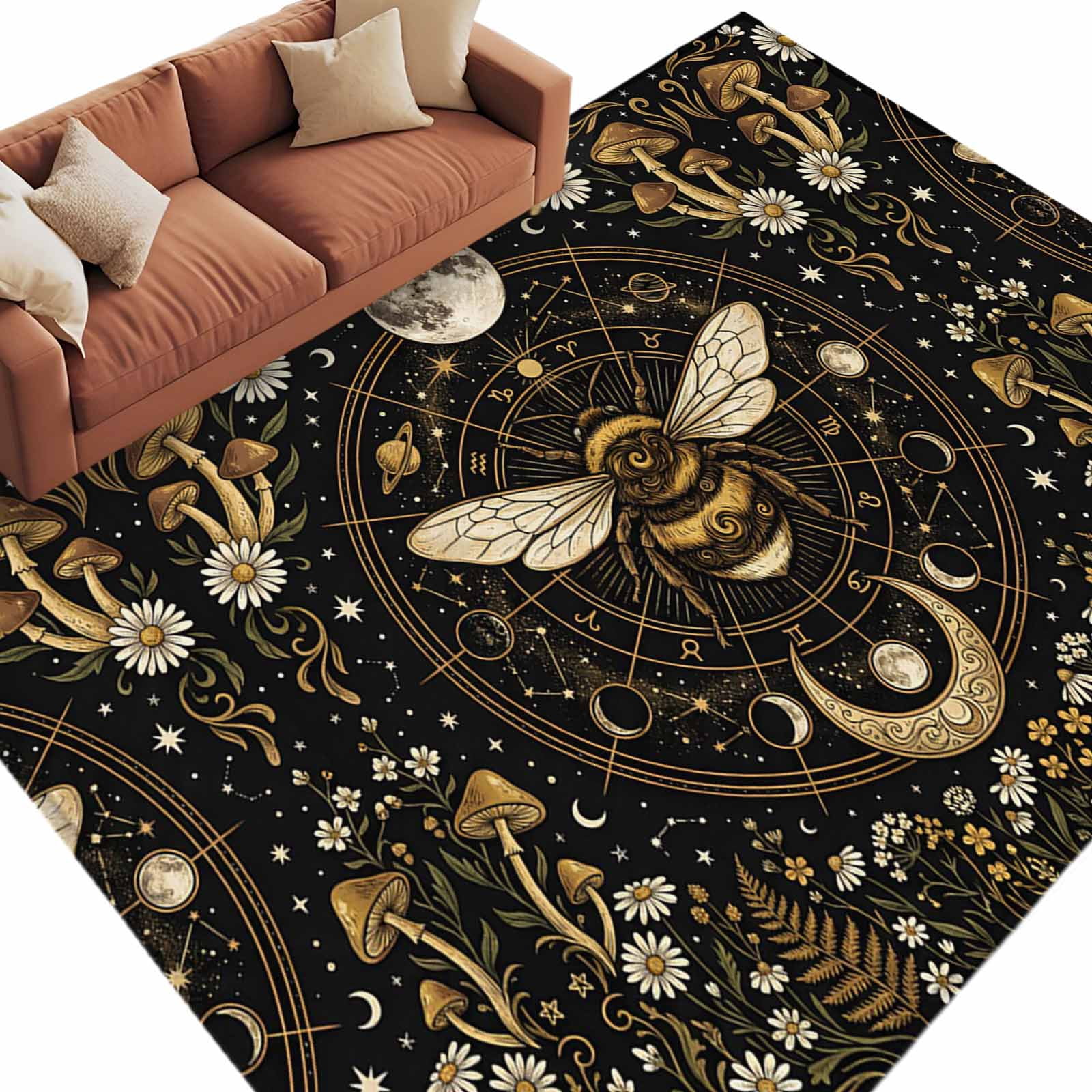 Brown Bee Area Rug 8x10 Washable Rug Non Slip Vintage Moon Star ...