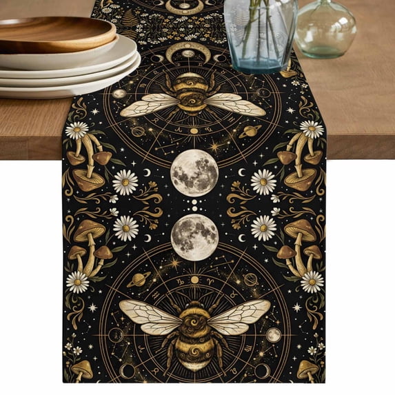 Brown Bee Table Runner 90 Inches, Vintage Moon Star Mushroom Floral Plants Bed Runner Dresser Scarves Tabletop for Indoor Outdoor Parties/Ceremony/Banquet, 13" x 90"