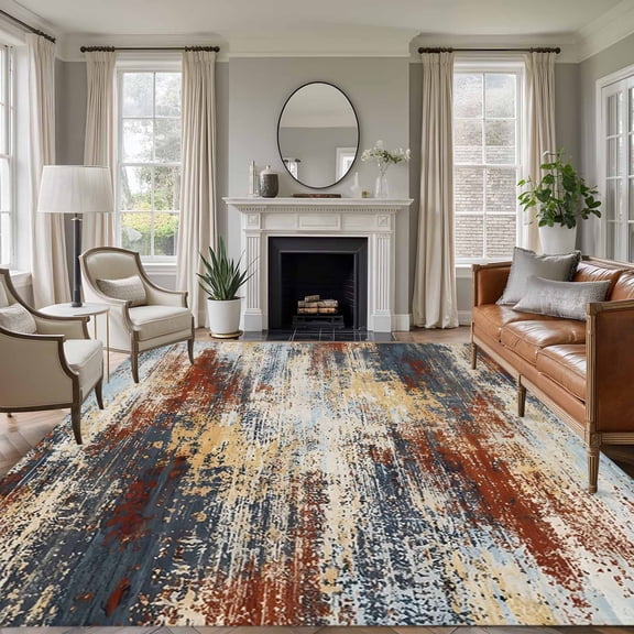 Brown Beige 5x7 Rug for Living Room Sofa and Coffee Table Layout, Gray Abstract Smoky Texture Distressed Mottled Ink Art Washable Non Slip Rectangle Area Rug