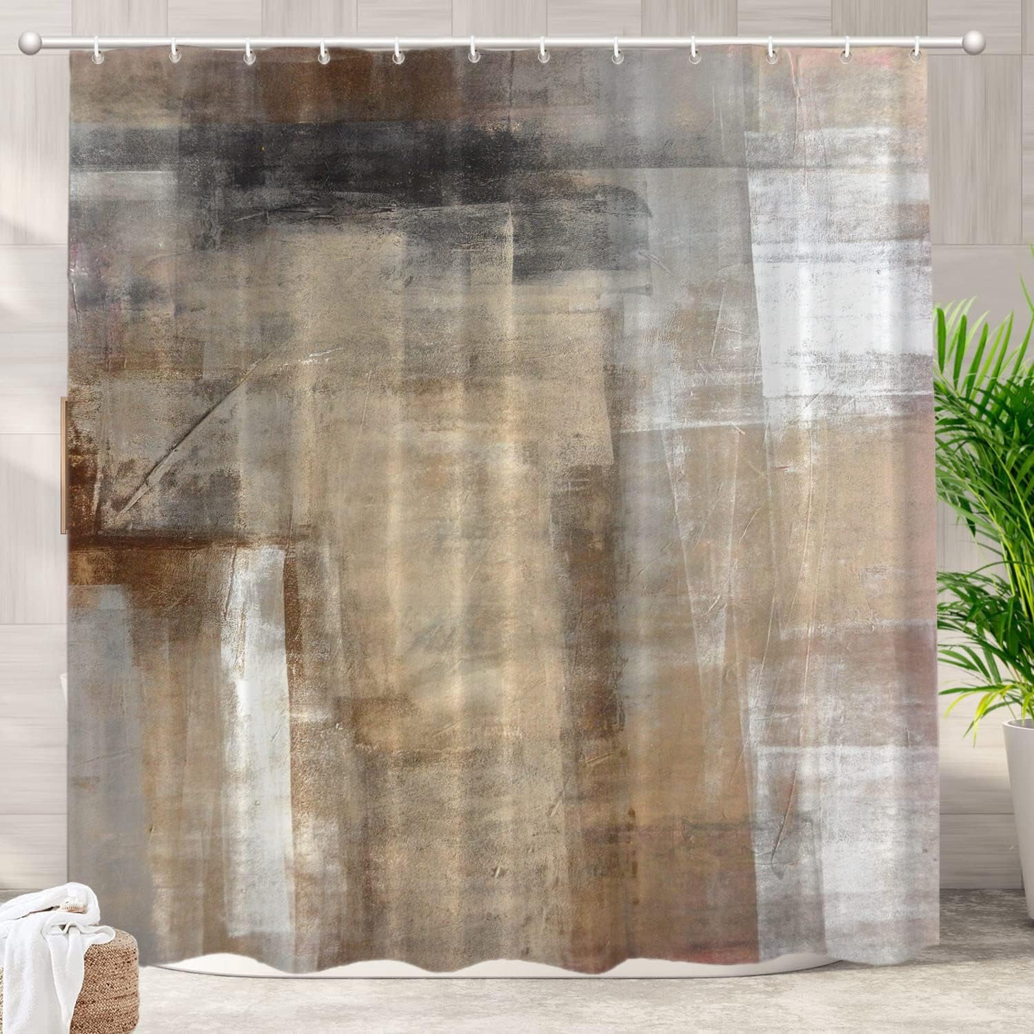 Brown Beige Abstract Art Decorative Shower Curtain, Brown Art Abstract Acrylic Painting Shower Curtain Cute Long Wide Shower Curtain with Rust Proof Grommets for Bathroom Waterproof Washable