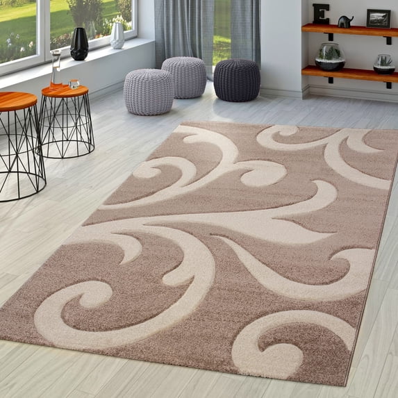 Brown Beige Area Rug with Contour Cut and Modern Swirls Pattern, Size ...