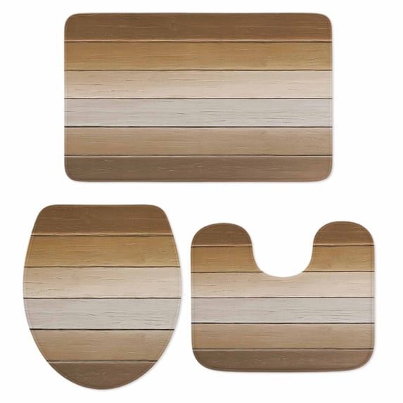 Brown Beige Bath Mat 3 Piece Bathroom Rug Set, Farmhouse Vintage Gradient Wooden Grain Non Slip Bath Rug Contour Mat and Toilet Lid Cover, Absorbent Shower Mats Soft Bath Rugs and Mats Sets