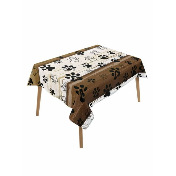 Brown Beige Blue Farmhouse Table Cloth, Black Dog Paw Vintage Wooden Waterproof Tablecloth for Rectangle Tables, Reusable Washable Fabric Table Cover for Restaurant Kitchen Dining Tables 60"x84"