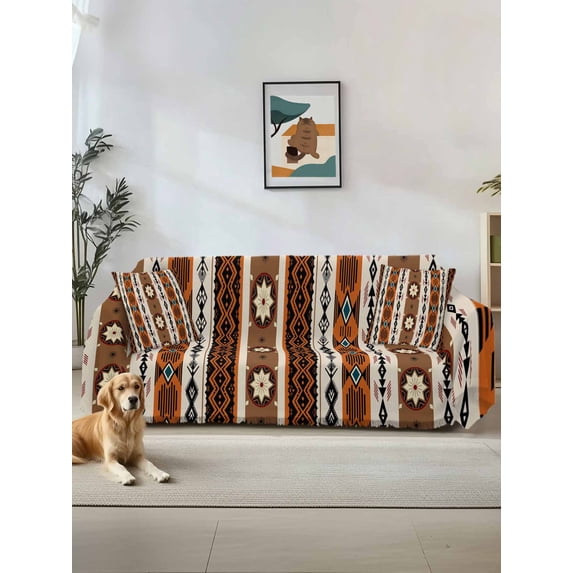 Brown Beige Boho Couch Cover for 2 Cushion Couch, Vintage Ethnic Tribe Abstract Art Retro Washable Love Seat Sofa Covers Slipcover, Throw Sofa Covers for Pets, Furniture Protector 71"x102"
