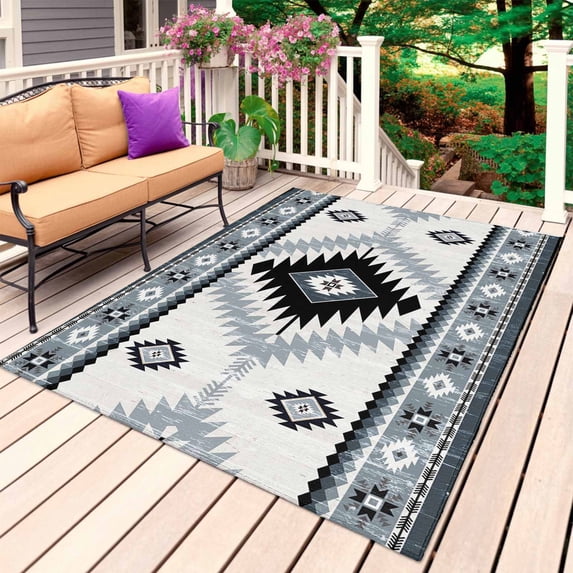 Brown Beige Boho Outdoor Rug 4x6 Ft, Non Slip Washable Area Rug, Southwestern Ethnic Abstract Geometric Patio Rugs Carpet Runner, Large Floor Mat for Indoor/Outdoor Deck Porch Camping