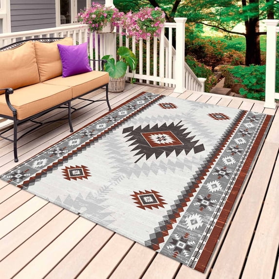 Brown Beige Boho Outdoor Rug for Patio/Deck/Porch, Non-Slip Large Area Rug 6 x 9 Ft, Vintage Ethnic Tribal Southwestern Indoor Outdoor Rugs Washable Area Rugs, Reversible Camping Rug Carpet Runner
