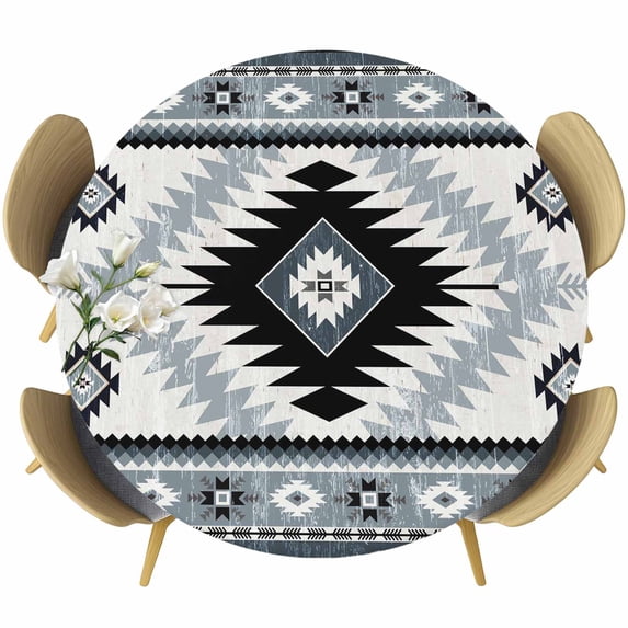 Brown Beige Boho Round Tablecloth, Fitted Table Cover with Elastic for 36"-44" Round Tables, Southwestern Ethnic Abstract Geometric Table Cloth Outdoor Indoor Dinning Party Waterproof Tablecloths