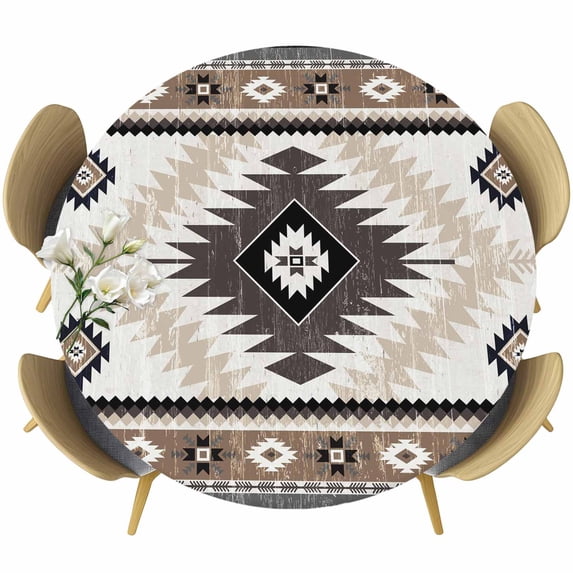 Brown Beige Boho Round Tablecloth, Fitted Table Cover with Elastic for 55"-60" Round Tables, Abstract Southwestern Ethnic Geometric Table Cloth Outdoor Indoor Dinning Party Waterproof Tablecloths