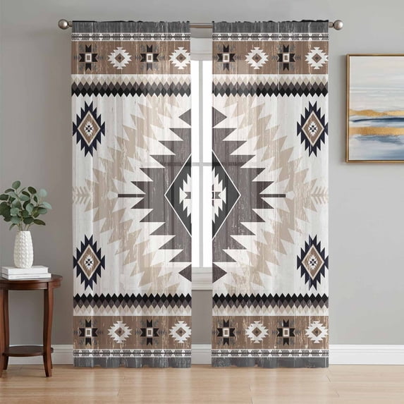 Brown Beige Boho Sheer Curtains 84 Inch Length 2 Panels Set, Abstract Southwestern Ethnic Geometric Voile Window Treatment Rod Pocket Curtains Sheers Drapes for Bedroom/Living Room/Kitchen 52"x84"x2