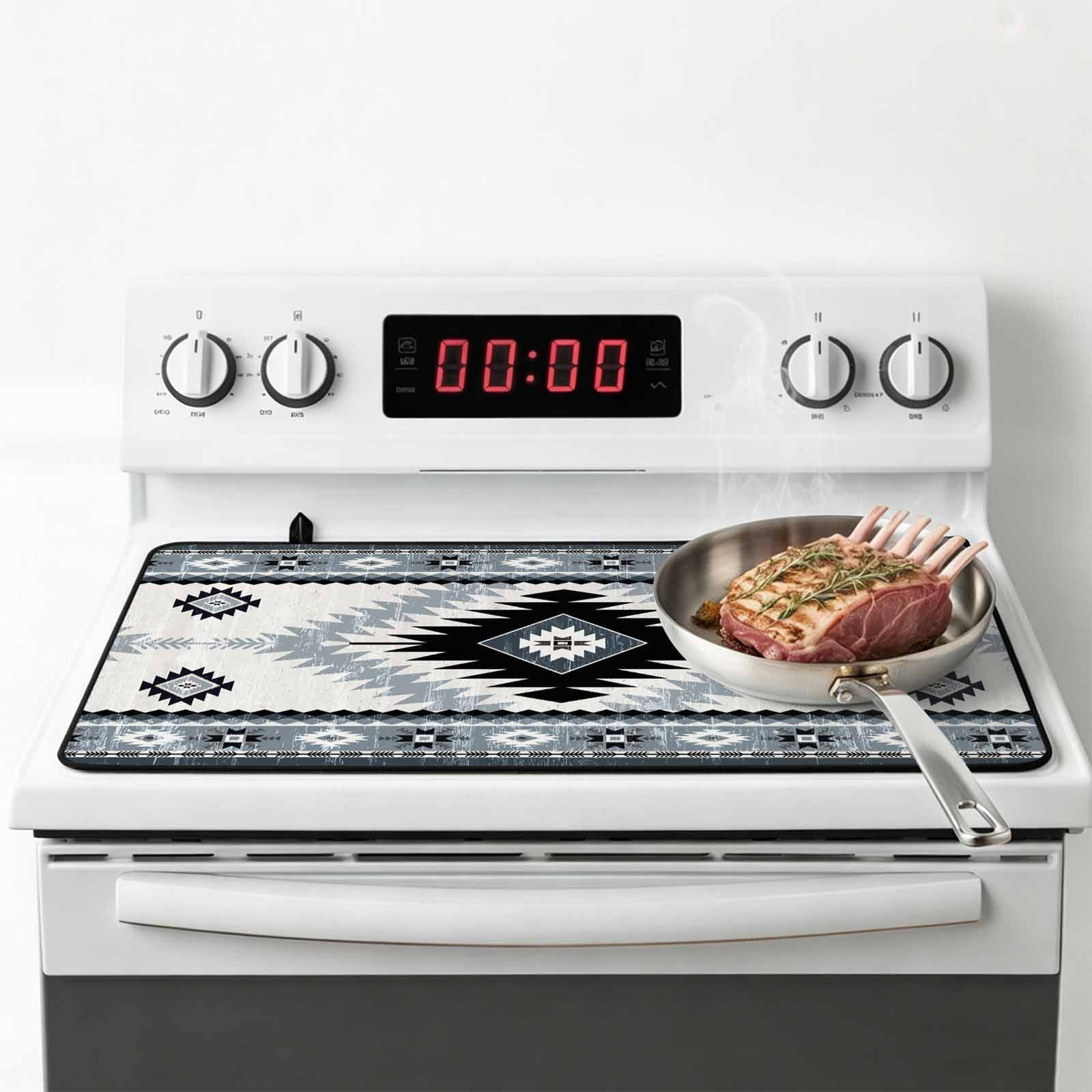 Brown Beige Boho Stove Top Cover for Electric Stove, Heat-proof & Non Slip Glass Top Stove Cover Protector, Southwestern Ethnic Abstract Geometric Kitchen Flat Cooktop Rubber Mat 24x21 Inches