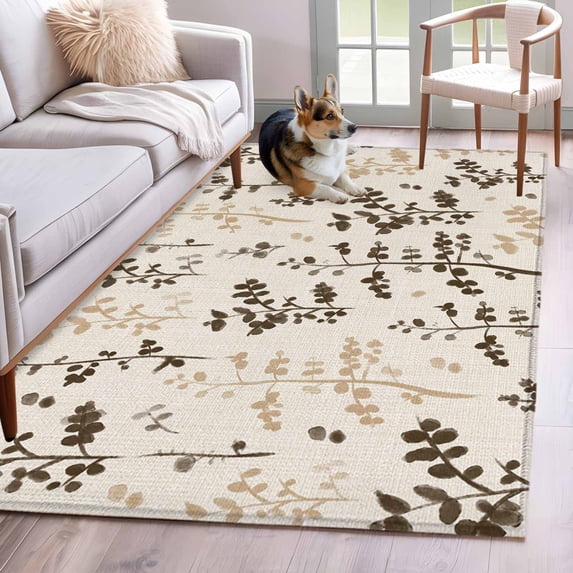 Brown Beige Botanical Area Rugs 4'x6', Washable Small Throw Rugs for Office Bathroom, Rustic Country Spring Floral Summer Leaf Indoor Outdoor Rug Non-Slip Low Pile Carpet Runner Reversible Floor Mats