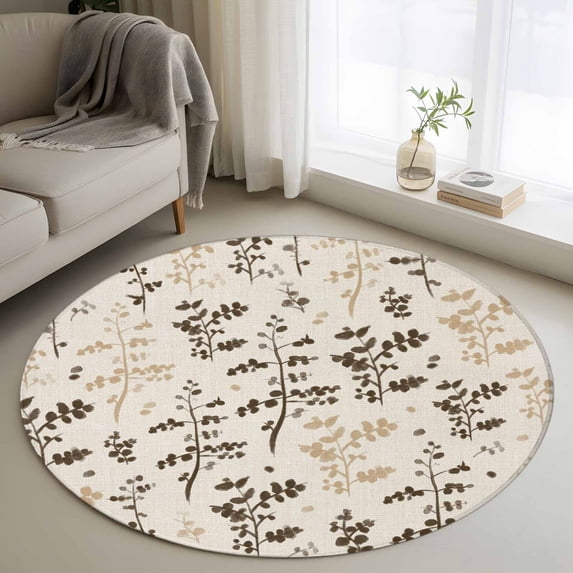 Brown Beige Botanical Round Area Rug 4Ft Washable Circle Rugs for Bedroom Dining Room, Rustic Country Spring Floral Summer Leaf Non-Slip Carpet Floor Mats Indoor Outdoor Carpet Runner Home Decor