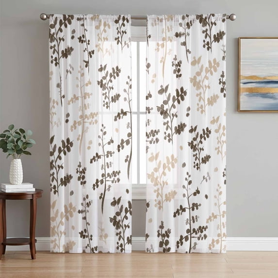 Brown Beige Botanical Sheer Curtains 96 Inch Length 2 Panels Set Window Treatments, Watercolor Spring Floral Summer Leaf Rod Pocket Semi Curtains for Living Room/Bedroom/Kitchen Décor, 104"W x 96"L