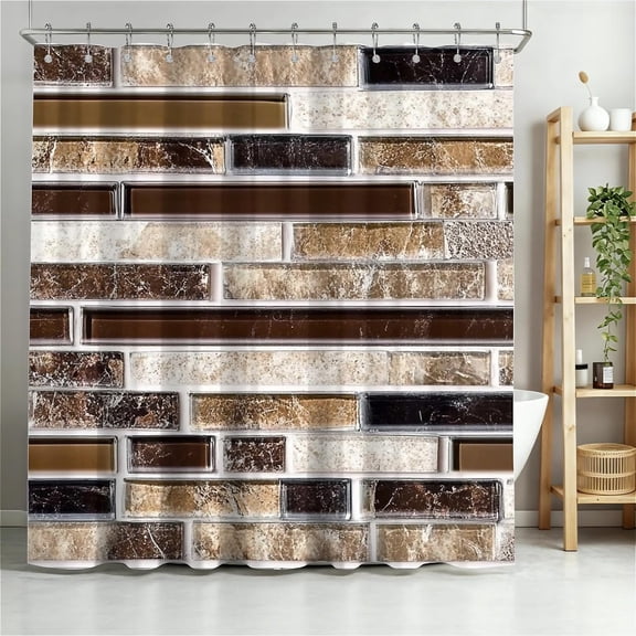 Brown and Beige Brick Shower Curtain for Bathroom, Water Resistant Long Shower Curtain Set with Metal Grommets and Plastic Hooks-60"W x 72"L (Pack of 1)
