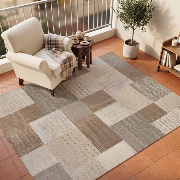 Brown Beige Checked Area Rugs 8'x10', Washable Small Throw Rugs for Living Room Patio, Vintage Buffalo Plaid Farmhouse Indoor Outdoor Rug Non-Slip Low Pile Carpet Runner Reversible Floor Mats