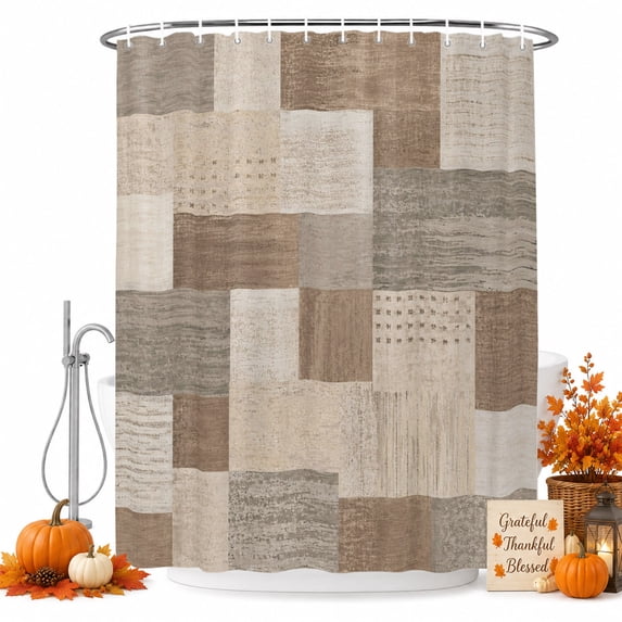 Brown Beige Checked Shower Curtain, Waterproof Shower Curtains for Bathroom, Vintage Buffalo Plaid Farmhouse Washable Fabric Bathtub Curtain Set Bath Decor with 12 Hooks 48"x72"