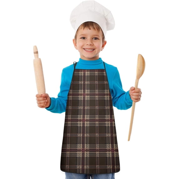 Brown Beige Checkerboard Checkered Pattern Kids Aprons for Girls and Boys,Adjustable Neck Strap Toddler Aprons for Kids Cooking Baking