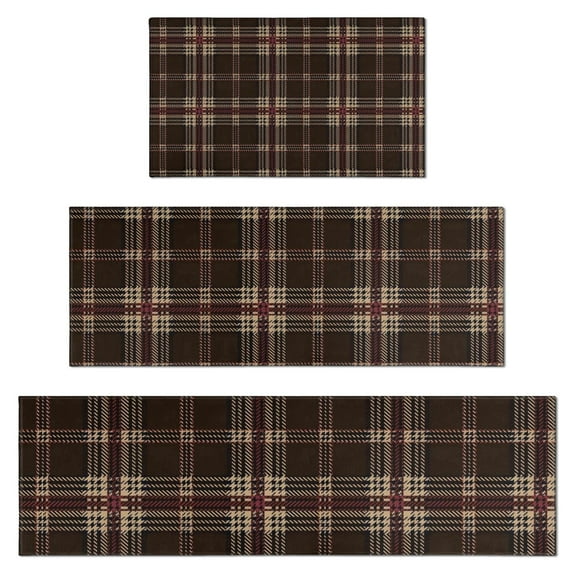Brown Beige Checkerboard Checkered Pattern Kitchen Rugs Sets Of 3,Kitchen Runner Rugs Non Skid Washable,Decorative Kitchen Floor Mats for Kitchen,Sink,Laundry,17"x30"+ 17"x47" + 17"x59"