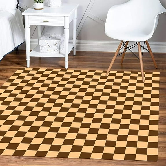 Brown Beige Checkered Retro Accent Area Rug For Living Room Bedroom Kitchen Dining Room Soft Washable Home Office Farmhouse Floorcovers Runner Rug 5 x 6ft