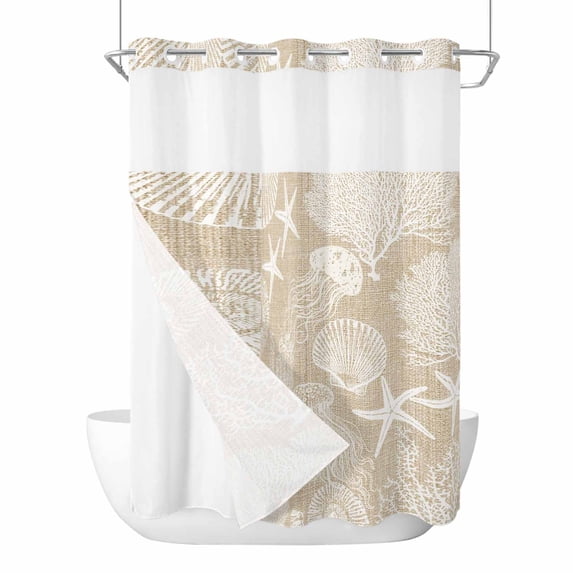Brown Beige Coastal No Hook Shower Curtain with Snap in Liner, Waterproof Fabric Shower Curtains, Nautical Starfish Coral Jellyfish Shell Sea Shower Curtain Set Top See Through for Bathroom 60"x72"