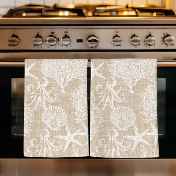 Brown Beige Coastal Kitchen Towels Set of 1, Nautical Coral Starfish Shell Octopus Sea Absorbent Dish Towels for Kitchen, Microfiber Hand Towel, Quick Drying Tea Towel for Cleaning Dishcloths
