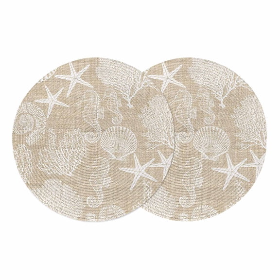 Brown Beige Coastal Round 13 Inch Placemats Set of 2, Nautical Coral Starfish Shell Seahorse Ocean HeatResistant Non Slip Place Mats for Dining Table, Wipeable Kitchen Table Mats for Housewarming