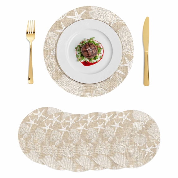 Brown Beige Coastal Round 13 Inch Placemats Set of 6, Nautical Starfish Coral Jellyfish Shell Sea HeatResistant Non Slip Place Mats for Dining Table, Wipeable Kitchen Table Mats for Housewarming