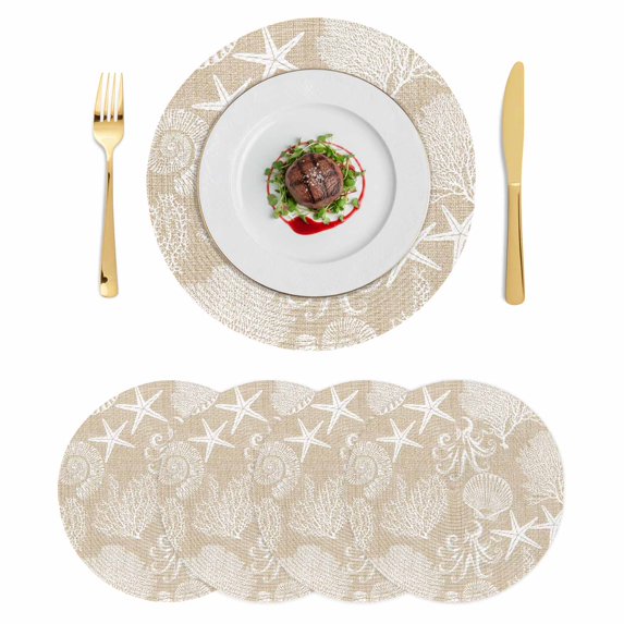 Brown Beige Coastal Round 15 Inch Placemats Set of 4, Nautical Coral Starfish Shell Octopus Sea HeatResistant Non Slip Place Mats for Dining Table, Wipeable Kitchen Table Mats for Housewarming