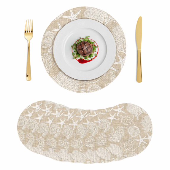 Brown Beige Coastal Round 15 Inch Placemats Set of 8, Nautical Coral Starfish Shell Turtle Summer HeatResistant Non Slip Place Mats for Dining Table, Wipeable Kitchen Table Mats for Housewarming