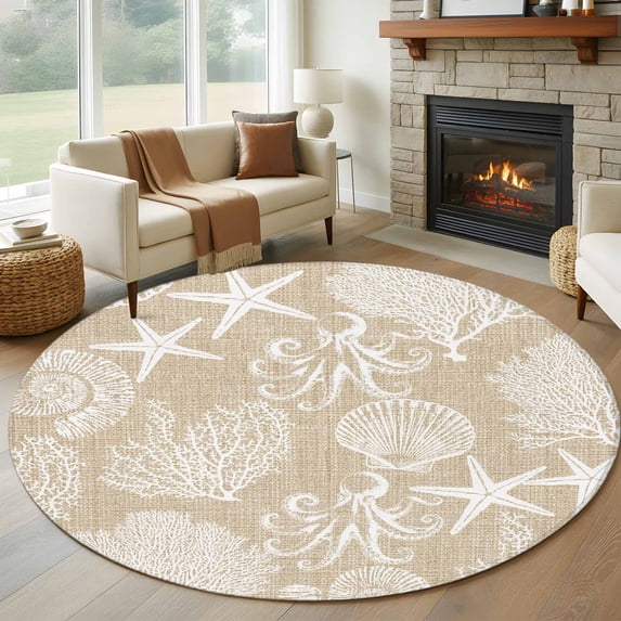 Brown Beige Coastal Round Area Rug 6Ft Washable Circle Rugs for Bathroom Office, Nautical Coral Starfish Shell Octopus Sea Non-Slip Carpet Floor Mats Indoor Outdoor Carpet Runner Aesthetic Home Decor