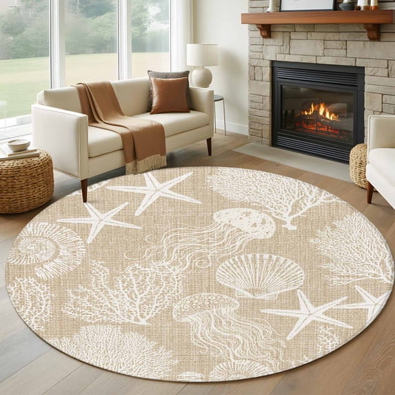 Brown Beige Coastal Round Area Rug 7Ft Washable Circle Rugs for Dorm Laundry Room, Nautical Starfish Coral Jellyfish Shell Sea Non-Slip Carpet Floor Mats Indoor Outdoor Carpet Runner Home Decor