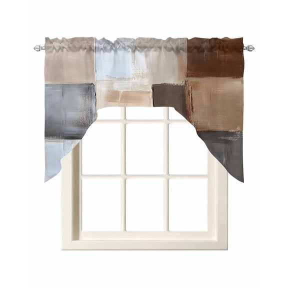 Brown Beige Color Blocks Kitchen Curtains Swag Valance for Windows/Bathroom/Cafe, Abstract Oil Painting Art Rod Pocket Drape Panel Swag Curtain Valance for Bedroom/Living Room 55''x36''