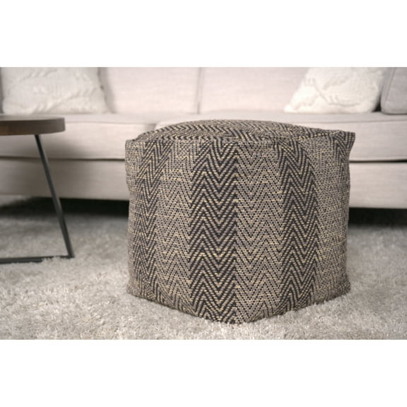 Brown And Beige Cottonfiber Pouf With Pattern, Home Decoration Feature Object, 14.58 In Depth, Fully Assembled, Spot Clean Only, 250 Lb Capacity Handcrafted Cotton Zigzag Design, Furnishing Element,