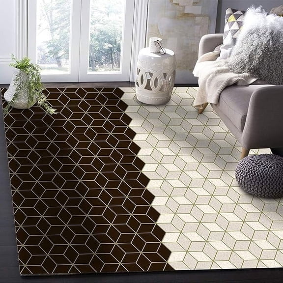 Brown And Beige Cube Square Geometric Area Rugs, Modern Geometric Grid Easy Clean Rug, Soft Non-Skid Carpet Throw Rug For Kids Teen Girls Boys Bedroom Living Room Classroom 5 x 8ft