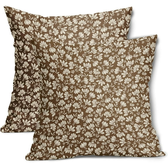 Brown Beige Daisy Floral Pillow Covers 16X16 Inch Vintage Flowers Decorative Pillow Cases Set of 2 Block Print Cotton Linen Throw Pillows Farmhouse Decor For Sofa Couch Porch Bed Cushion Outdoor