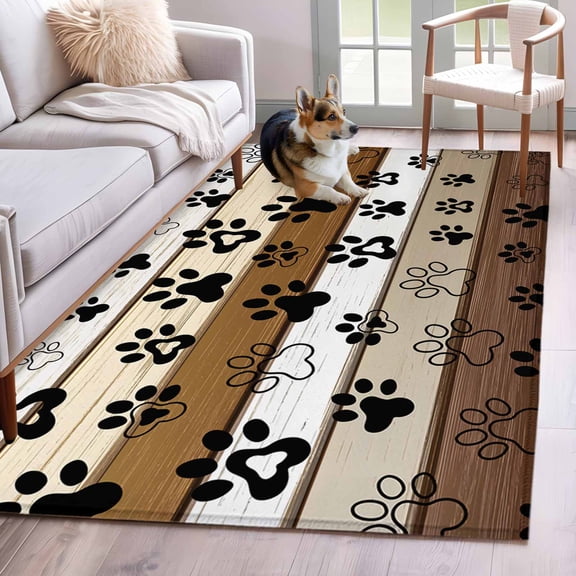 Brown Beige Farmhouse Area Rug 4x6 Washable Rug Non Slip Black Dog Paw Vintage Wooden Large Area Rug Indoor Floor Carpet for Entryway Bedroom Kitchen Living Room Home Office Dining Room Nursery