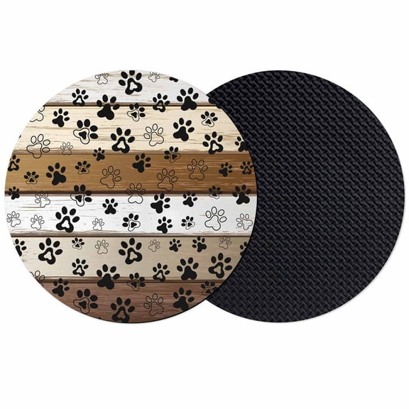 Brown Beige Farmhouse Coasters Set of 2, Black Dog Paw Vintage Wooden Absorbent Coasters for Drinks, Coaster for Bar Office Dining Coffee Table Accessories Decor, Non Slip Round Desk Coaster