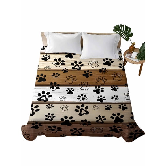 Brown Beige Farmhouse Flat Sheet Only Twin Size, Soft Breathable Bed Top Sheets for Mattress, Black Dog Paw Vintage Wooden Luxury Bedding Flat Sheets for Home Hotel Bedroom Bed Protection