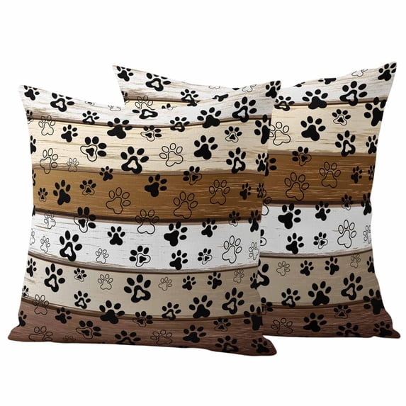 Brown Beige Farmhouse Outdoor Waterproof Pillow Covers, Black Dog Paw Vintage Wooden Decorative Square Throw Pillowcase Sofa Cushion Sham for Patio/Couch/Chair, 20"x20" 2 Pack