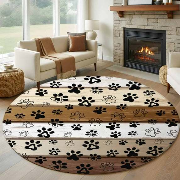 Brown Beige Farmhouse Round Area Rug 5 FT, Non Slip Bedroom Rugs, Black Dog Paw Vintage Wooden Washable Soft Circular Carpet Non-Shedding Floor Mat for Kitchen Dining Room Foyer Balcony Dorm