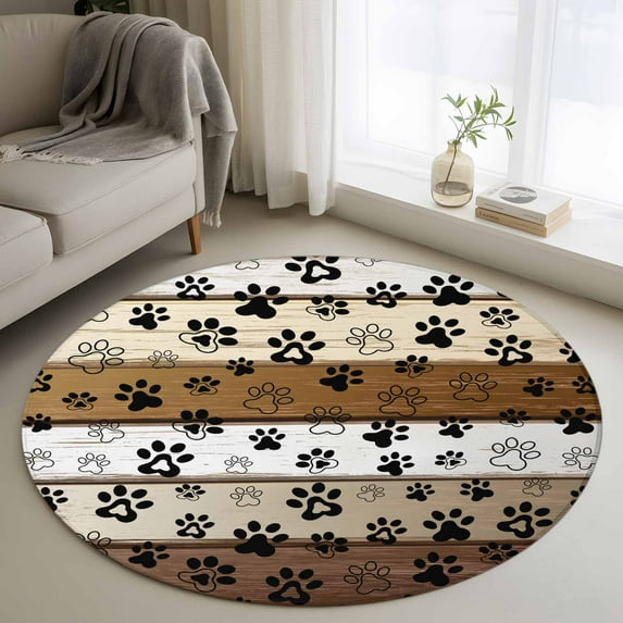 Brown Beige Farmhouse Round Rug 3.3ft Washable Circle Entryway Rugs Non Slip Black Dog Paw Vintage Wooden Area Rug Indoor Floor Carpet for Bedroom Kitchen Living Room Home Office Dining Room Nursery