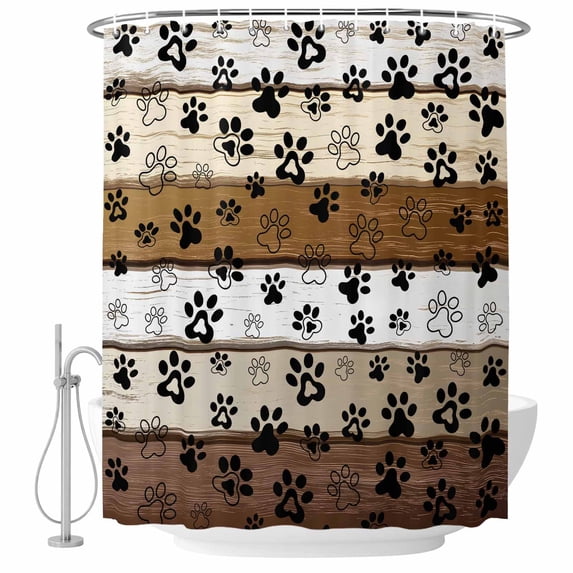 Brown Beige Farmhouse Shower Curtain Set - Small 36" x 72" Washable Bathtub Curtain with 12 Hooks, Black Dog Paw Vintage Wooden Waterproof Fabric Stall Shower Curtains for Bathroom/Bathtub Décor
