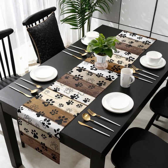 Brown Beige Farmhouse Table Runner 70 Inches Long - Black Dog Paw Vintage Wooden Kitchen Dining Burlap Linen Tablerunner for Small/Round/Square/Wedding/Coffee/Dining Table Party Home Décor 13 x 70